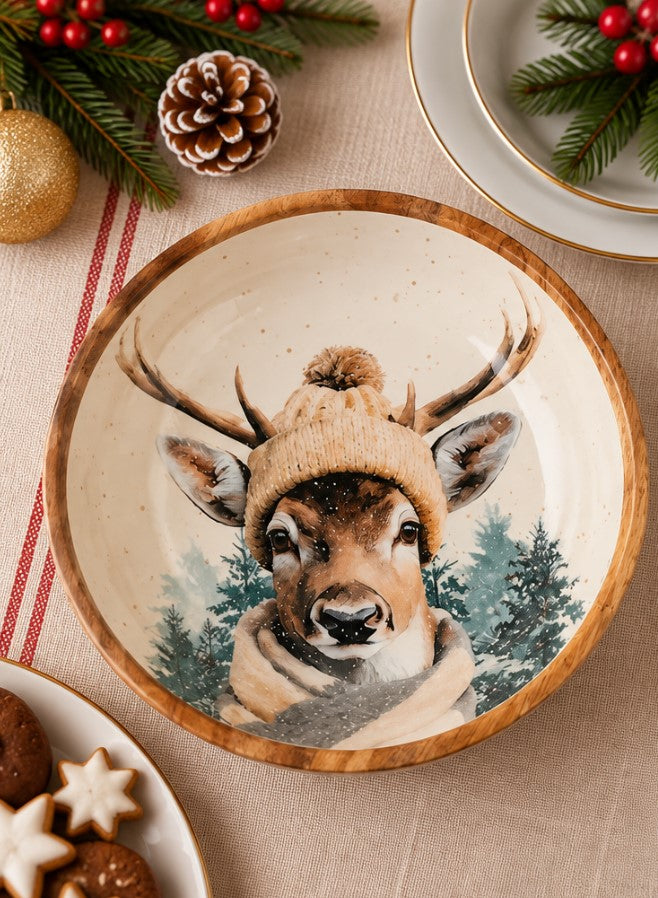 Coppa Natalizia H&H in Legno 30 cm con Decorazione Renna e Paesaggio Innevato - Ciotola Decorativa per Centrotavola