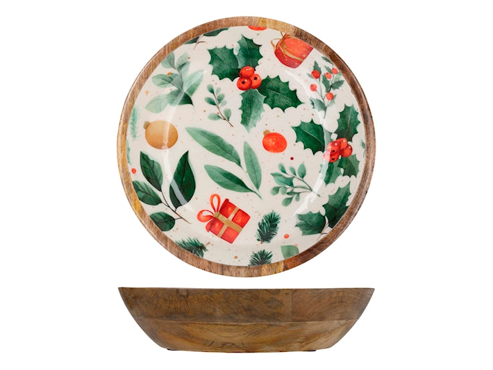 Coppa Natalizia H&H in Legno 30 cm con Decorazioni Agrifoglio, Bacche e Regali - Ciotola Decorativa per Centrotavola