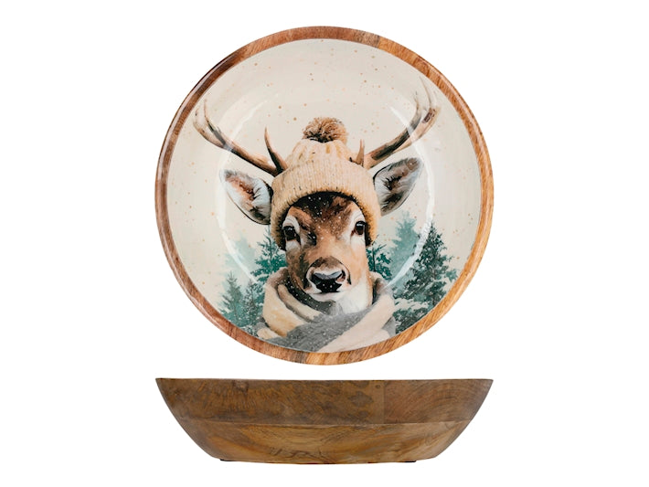 Coppa Natalizia H&H in Legno 30 cm con Decorazione Renna e Paesaggio Innevato - Ciotola Decorativa per Centrotavola