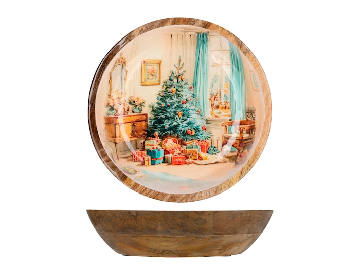Coppa Natalizia H&H in Legno 30 cm con Decorazione Albero di Natale e Regali - Ciotola Decorativa per Centrotavola