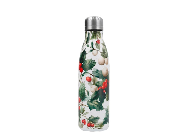 Bottiglia Termica Natalizia H&H Agrifoglio e Bacche Rosse in Acciaio Inox 500 ml - Borraccia Bianca per Bevande Calde e Fredde