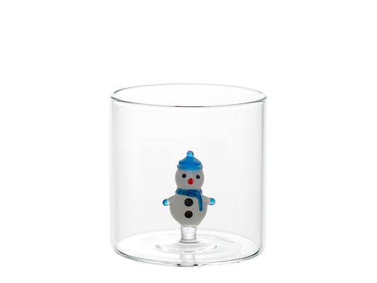 H&H Bicchiere Natalizio Tondo in Vetro Borosilicato 30 cl con Pupazzo di Neve Blu