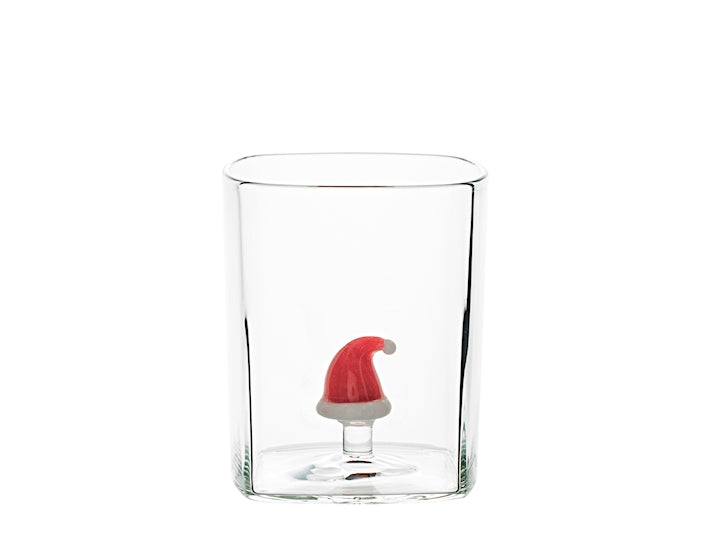 H&H Bicchiere Natalizio Quadrato in Vetro Borosilicato 27 cl con Cappello di Babbo Natale