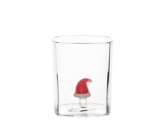 H&H Bicchiere Natalizio Quadrato in Vetro Borosilicato 27 cl con Cappello di Babbo Natale