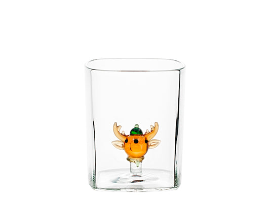 H&H Bicchiere Natalizio Quadrato in Vetro Borosilicato 27 cl con Renna