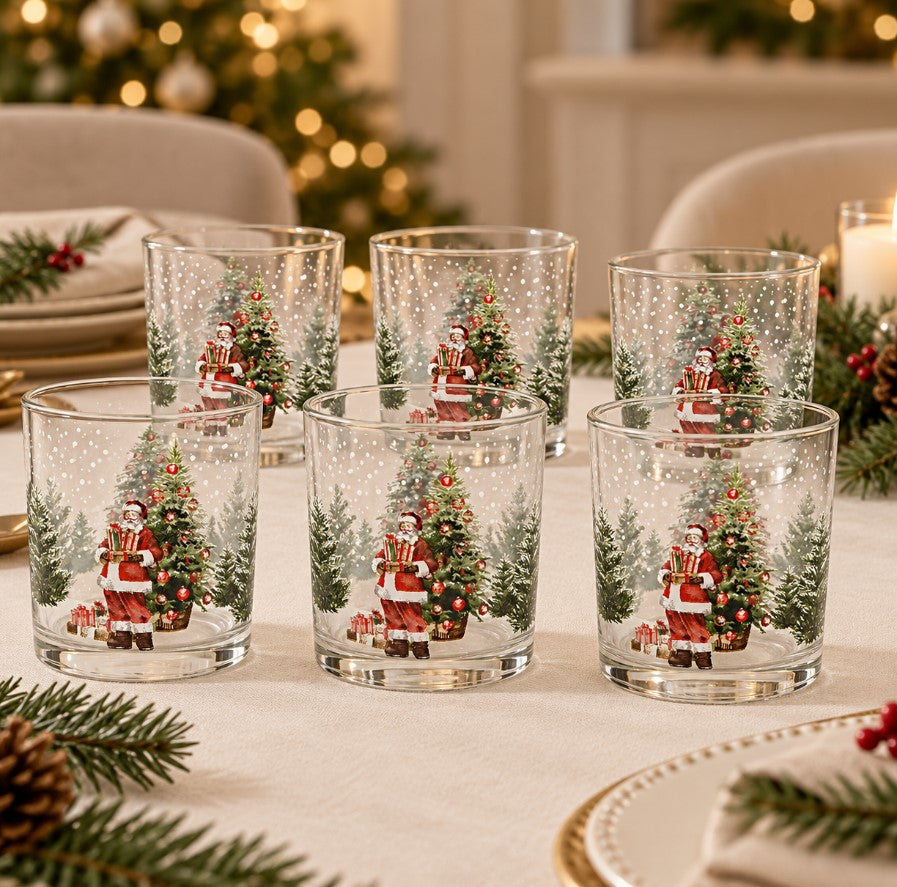 Set 6 Bicchieri Natalizi in Vetro 25 cl Gusto Casa con Decorazione Babbo Natale e Albero di Natale, per Acqua e Bevande
