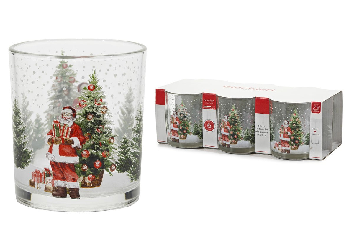 Set 6 Bicchieri Natalizi in Vetro 25 cl Gusto Casa con Decorazione Babbo Natale e Albero di Natale, per Acqua e Bevande