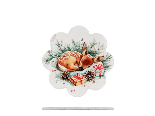 H&H Sottopentola Natalizio in Ceramica e Sughero a Forma di Fiore, Decorazione Cerbiatto Innevato