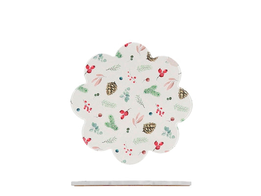 H&H Sottopentola Natalizio in Ceramica e Sughero a Forma di Fiore, Decorazione Rametti di Pino, Bacche Rosse e Pigne