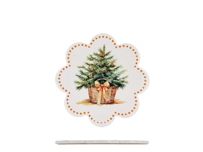 H&H Sottopentola Natalizio in Ceramica e Sughero a Forma di Fiore, Decorazione Albero di Natale in Cesto con Fiocco Dorato