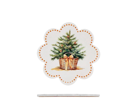 H&H Sottopentola Natalizio in Ceramica e Sughero a Forma di Fiore, Decorazione Albero di Natale in Cesto con Fiocco Dorato