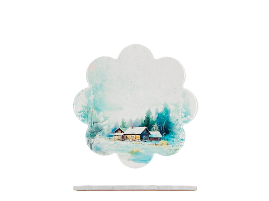 H&H Sottopentola Natalizio in Ceramica e Sughero a Forma di Fiore, Decorazione Paesaggio Innevato con Casetta e Abeti