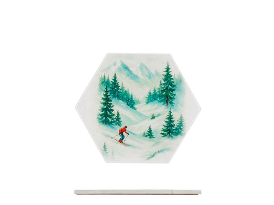 H&H Sottopentola Natalizio in Ceramica e Sughero a Forma Esagonale, Decorazione Paesaggio Montano Innevato con Sciatore