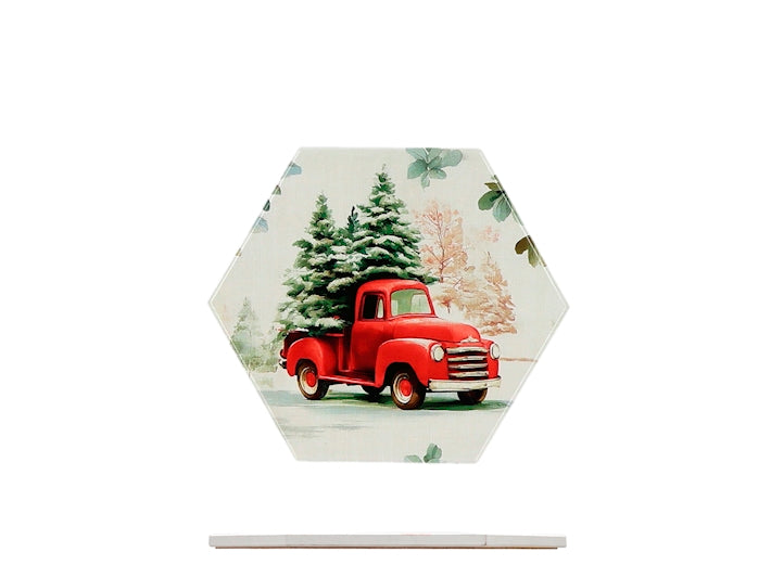 H&H Sottopentola Natalizio in Ceramica e Sughero a Forma Esagonale, Decorazione Camioncino Rosso