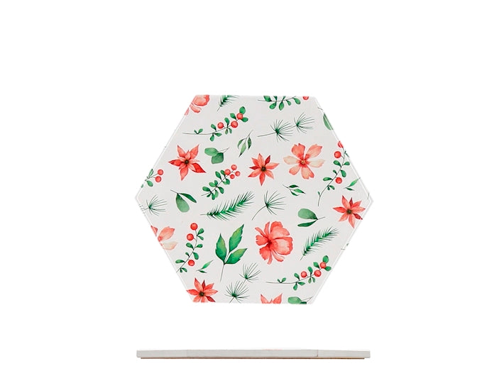 H&H Sottopentola Natalizio in Ceramica e Sughero a Forma Esagonale, Decorazione Floreale con Stelle di Natale, Rametti Verdi e Bacche Rosse