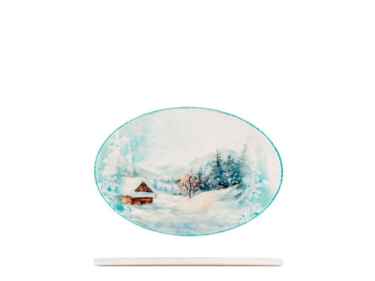 H&H Sottopentola Ovale in Ceramica 13x19 cm, Paesaggio Invernale Innevato