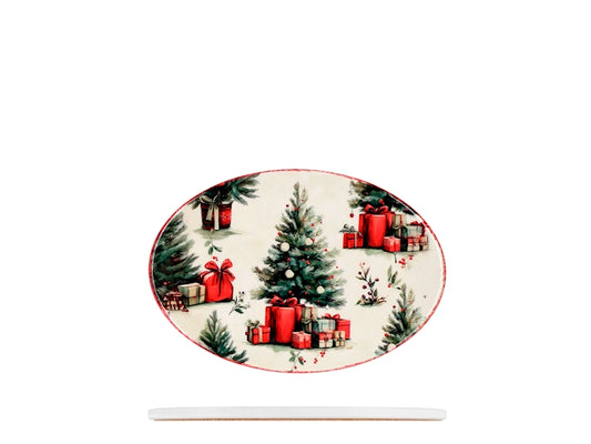 H&H Sottopentola Ovale in Ceramica 13x19 cm, Decorazione con Alberi di Natale e Regali