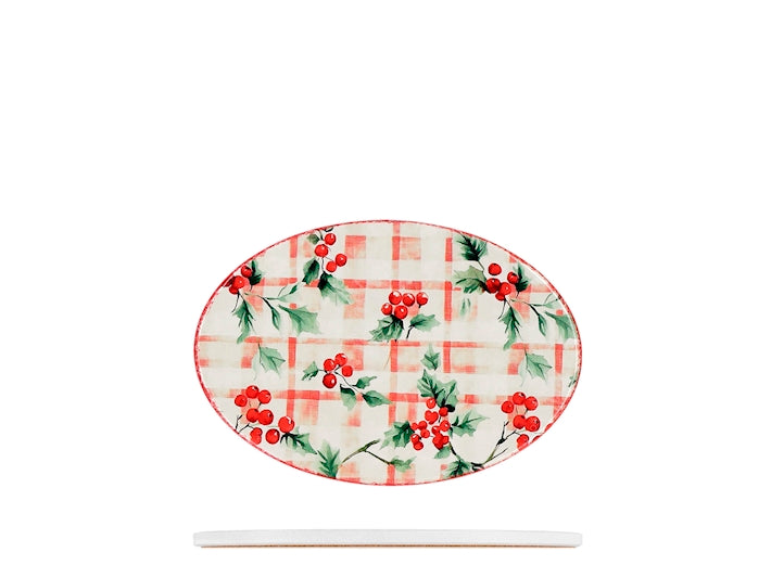 H&H Sottopentola Ovale in Ceramica 13x19 cm, Decorazione con Rametti e Bacche Rosse