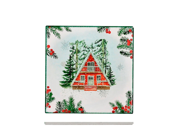 H&H Sottopentola Quadrato Natalizio in Ceramica 20 cm, Fantasia Casetta Innevata