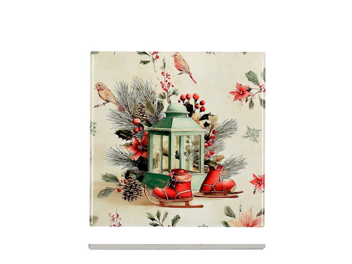 H&H Sottopentola Quadrato Natalizio in Ceramica 20 cm, Fantasia Lanterna e Pattini