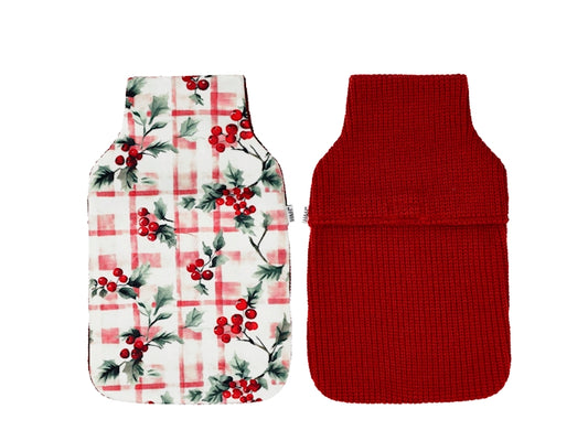 H&H Borsa Acqua Calda Warm Winter 1,8 Litri con Rivestimento in Pile Rosso, Fantasia Agrifoglio