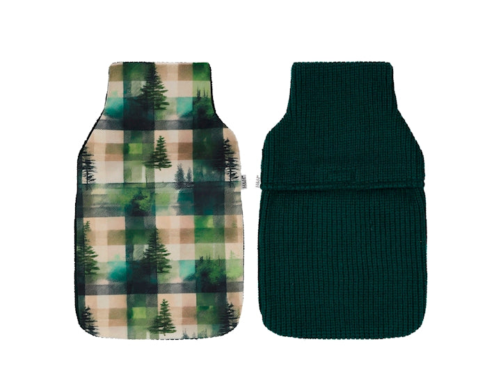 H&H Borsa Acqua Calda Warm Winter 1,8 Litri con Rivestimento in Pile Verde, Fantasia Alberi di Natale a Quadri