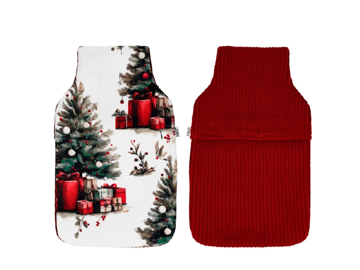 H&H Borsa Acqua Calda Warm Winter 1,8 Litri con Rivestimento in Pile Rosso, Fantasia Albero di Natale e Regali
