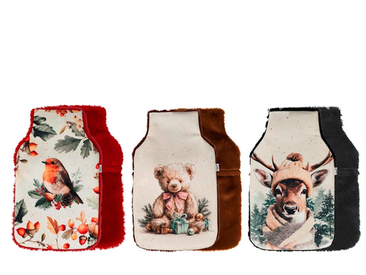 H&H Borsa Acqua Calda Fairy 1,8 Litri con Rivestimento in Pile Rosso, Fantasia Pettirosso