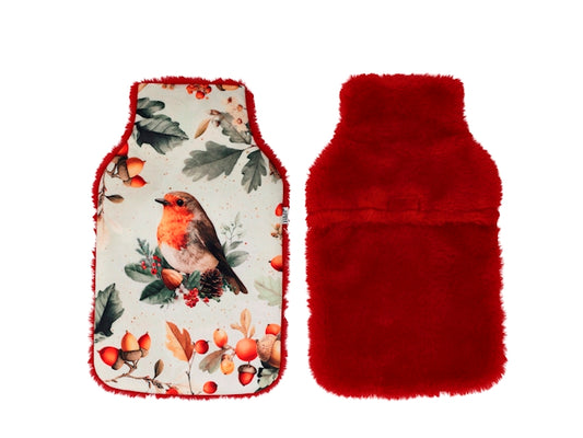 H&H Borsa Acqua Calda Fairy 1,8 Litri con Rivestimento in Pile Rosso, Fantasia Pettirosso