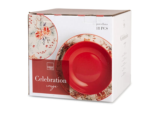 Servizio Piatti Celebration Rosso 18 Pezzi in Porcellana - Set Tavola per 6 Persone, Design Elegante e Natalizio, Ideale per Pranzi, Cene e Festività H&H