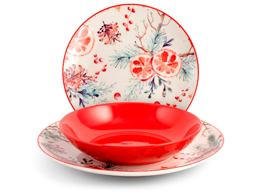 Servizio Piatti Celebration Rosso 18 Pezzi in Porcellana - Set Tavola per 6 Persone, Design Elegante e Natalizio, Ideale per Pranzi, Cene e Festività H&H