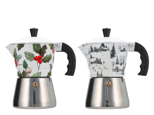 H&H Caffettiera Moka Natalizia in Alluminio 3 Tazze con Base in Acciaio Inox, Decorazione Paesaggio Invernale Innevato Bianco e Nero