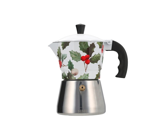 H&H Caffettiera Moka Natalizia in Alluminio 3 Tazze con Base in Acciaio Inox, Decorazione Agrifoglio e Bacche Rosse