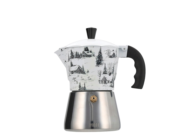H&H Caffettiera Moka Natalizia in Alluminio 3 Tazze con Base in Acciaio Inox, Decorazione Paesaggio Invernale Innevato Bianco e Nero