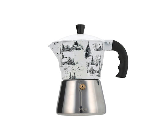 H&H Caffettiera Moka Natalizia in Alluminio 3 Tazze con Base in Acciaio Inox, Decorazione Paesaggio Invernale Innevato Bianco e Nero