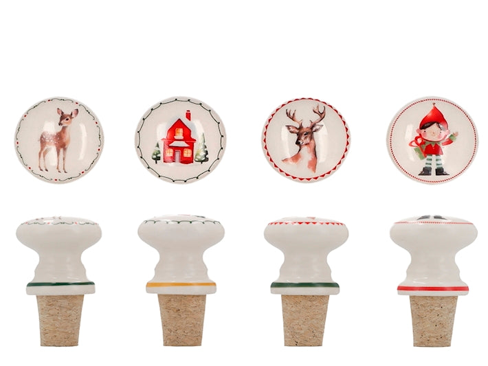 Home in Rombo Set 4 Tappi per Bottiglia Natalizi in Sughero e Ceramica, Decorazioni Assortite Cerbiatto, Casetta, Renna ed Elfo