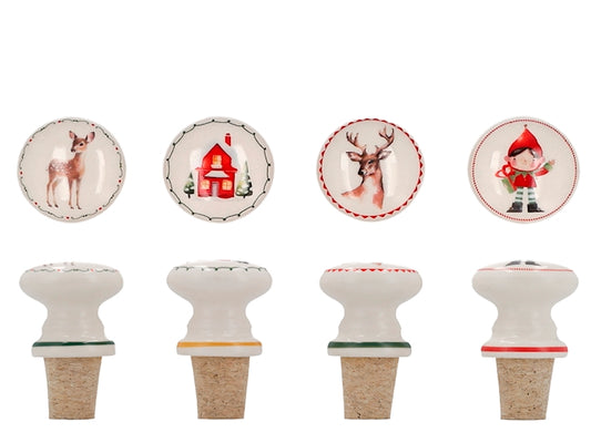 Home in Rombo Set 4 Tappi per Bottiglia Natalizi in Sughero e Ceramica, Decorazioni Assortite Cerbiatto, Casetta, Renna ed Elfo