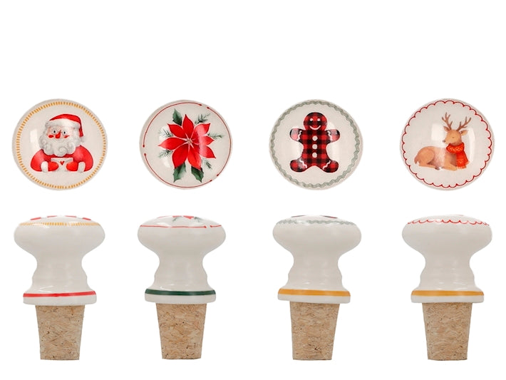 Home in Rombo Set 4 Tappi per Bottiglia Natalizi in Sughero e Ceramica, Decorazioni Assortite Babbo Natale, Stella di Natale, Omino Pan di Zenzero e Renna