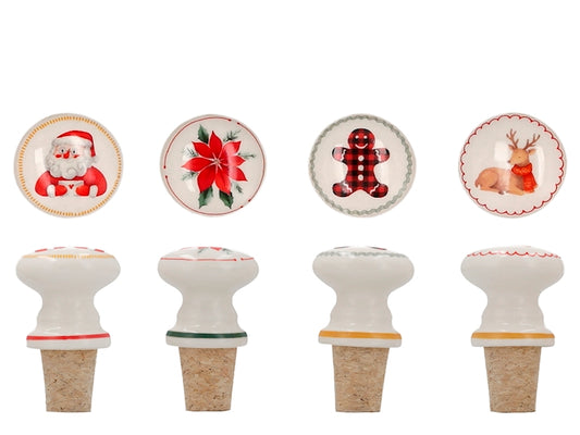 Home in Rombo Set 4 Tappi per Bottiglia Natalizi in Sughero e Ceramica, Decorazioni Assortite Babbo Natale, Stella di Natale, Omino Pan di Zenzero e Renna