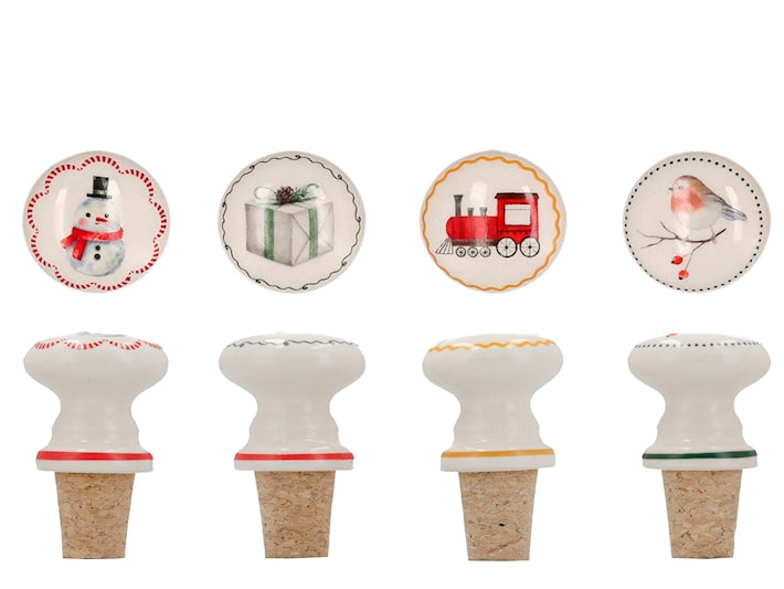 Home in Rombo Set 4 Tappi per Bottiglia Natalizi in Sughero e Ceramica, Decorazioni Assortite Pupazzo di Neve, Regalo, Trenino e Pettirosso