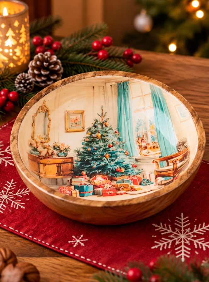 Coppa Natalizia H&H in Legno 30 cm con Decorazione Albero di Natale e Regali - Ciotola Decorativa per Centrotavola