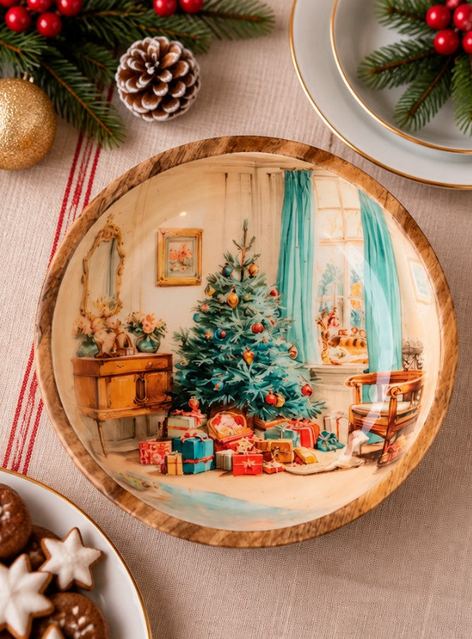 Coppa Natalizia H&H in Legno 30 cm con Decorazione Albero di Natale e Regali - Ciotola Decorativa per Centrotavola