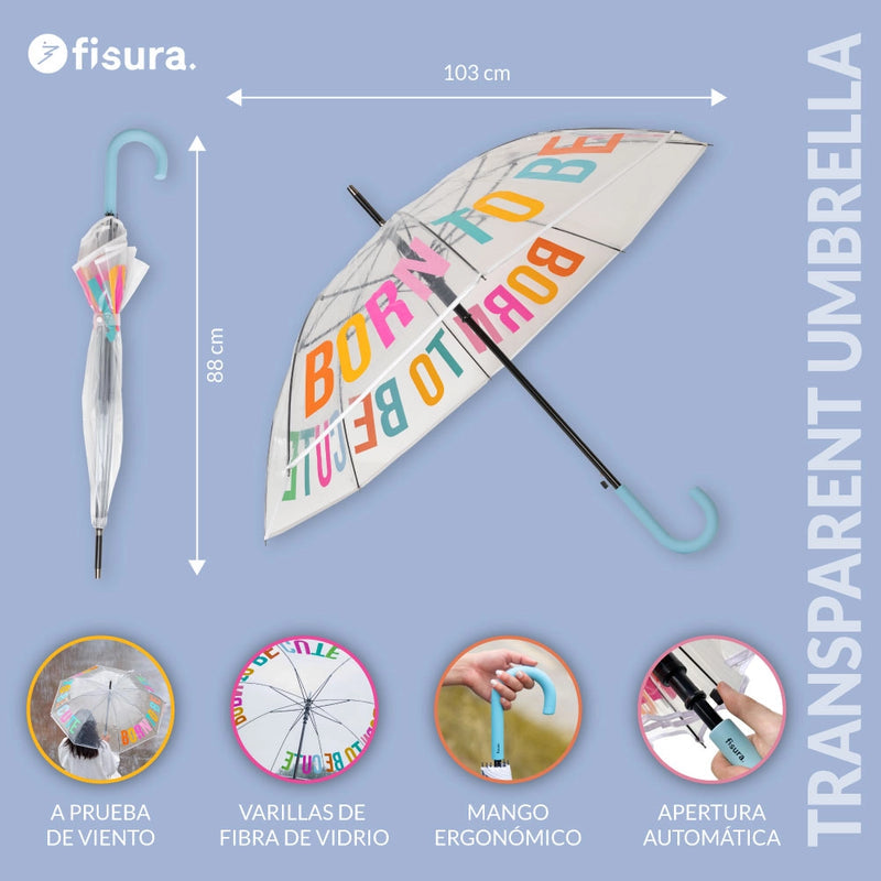 FISURA Ombrello trasparente con scritta "Born to be cute"