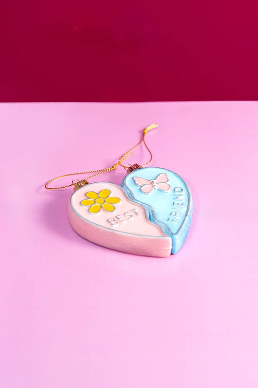 Set 2 Decorazioni Natalizie Cuore Best Friends in Vetro Rosa e Azzurro da Appendere, Addobbi per Albero di Natale, 10 cm