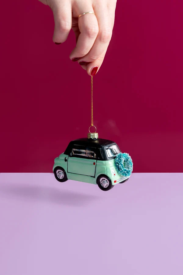 Decorazione Natalizia Auto City Car Verde Menta in Vetro da Appendere, Addobbo a Forma di Macchina per Albero di Natale, 10 cm