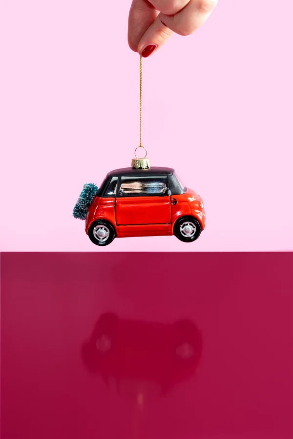Decorazione Natalizia Auto City Car Arancione in Vetro da Appendere, Addobbo a Forma di Macchina per Albero di Natale, 10 cm