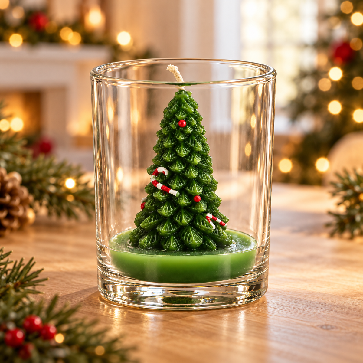 Candela Natalizia in Bicchiere di Vetro con Albero di Natale Verde Decorato