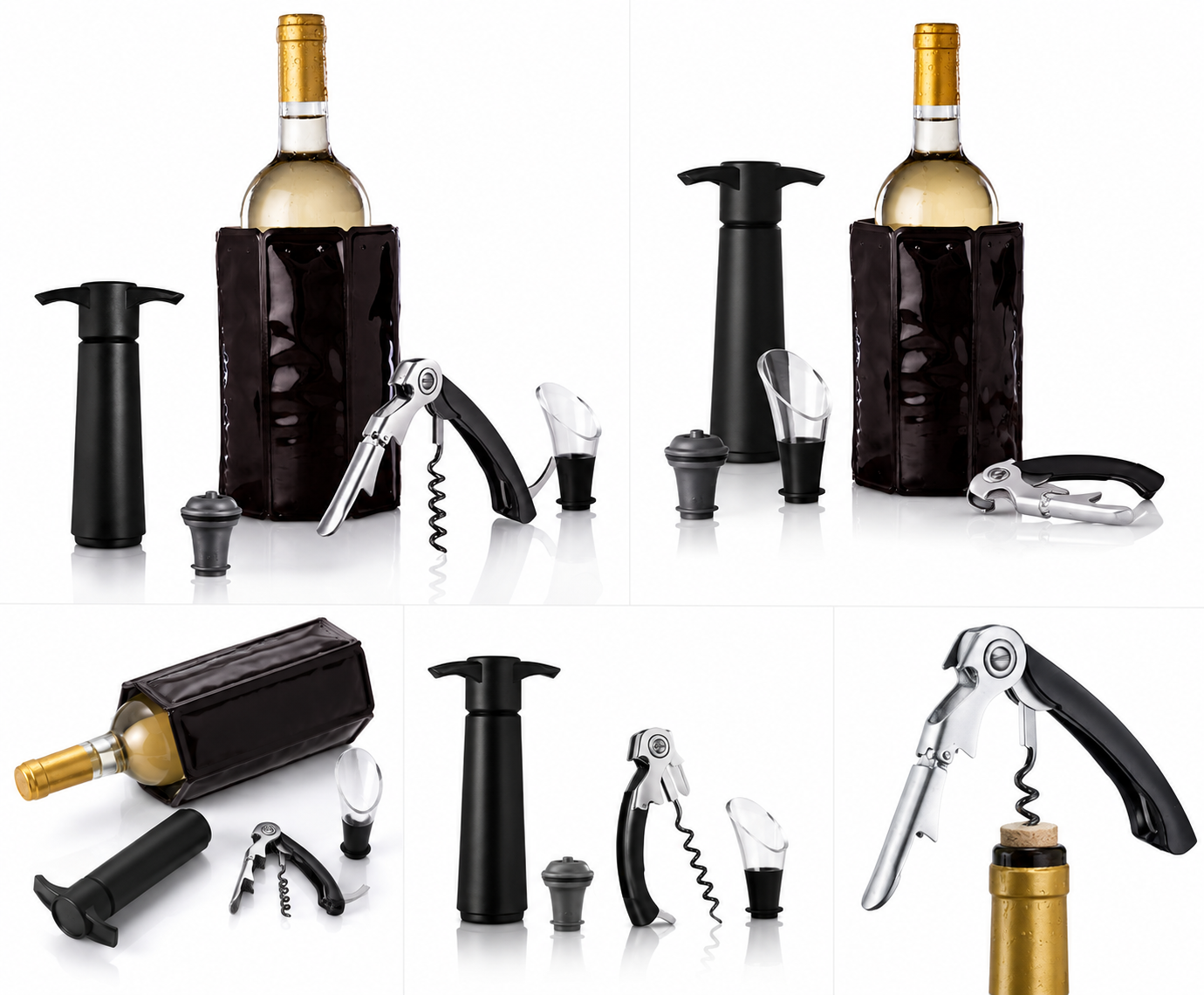 Set Accessori Vino 5 Pezzi con Pompa Sottovuoto, Cavatappi Sommelier, Tappo Ermetico, Versatore e Refrigeratore per Bottiglia