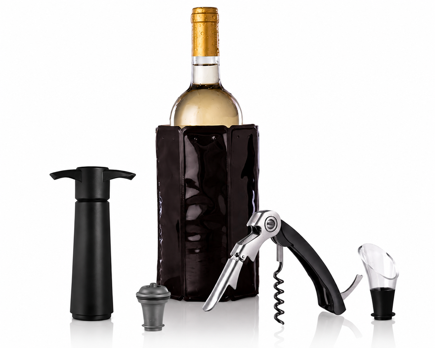 Set Accessori Vino 5 Pezzi con Pompa Sottovuoto, Cavatappi Sommelier, Tappo Ermetico, Versatore e Refrigeratore per Bottiglia