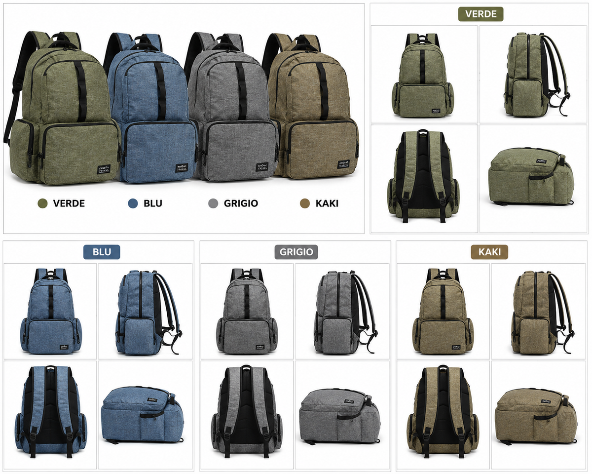Zaino Multitasche con Ampia Capacità – Zaino Casual per Scuola, Università, Ufficio, Viaggi e Tempo Libero – Disponibile in Verde, Blu, Grigio e Kaki